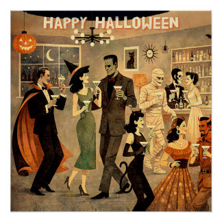 Mid Century Retro 40s Halloween Martini Party Poster
