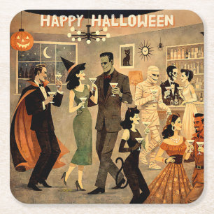 Mid Century Retro 40s Halloween Martini Party Square Paper Coaster