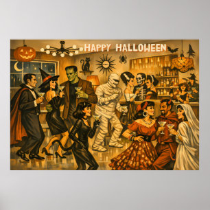Mid Century Retro 50s Halloween Martini Party Poster
