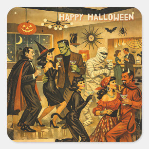 Mid Century Retro 50s Halloween Martini Party Square Sticker
