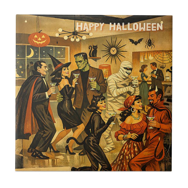 Mid Century Retro 50s Halloween Martini Party Tile (Front)