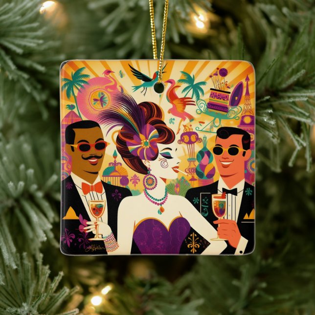 Mid Century Retro 60s Mardi Gras Cocktail Party Ceramic Ornament (Tree)