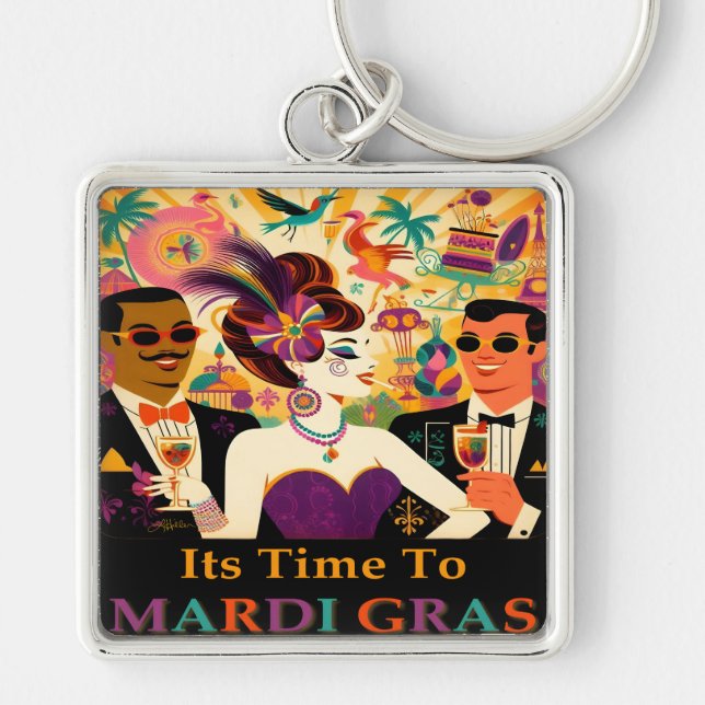 Mid Century Retro 60s Mardi Gras Cocktail Party Key Ring (Front)