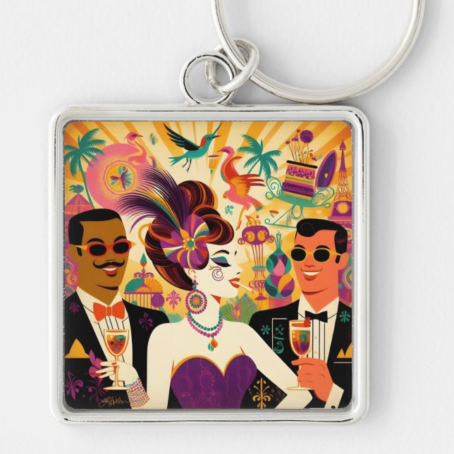 Mid Century Retro 60s Mardi Gras Cocktail Party Key Ring (Front)