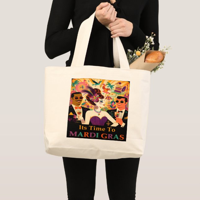 Mid Century Retro 60s Mardi Gras Cocktail Party Large Tote Bag (Front (Product))