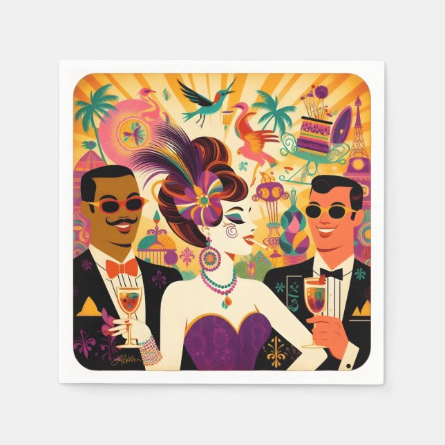 Mid Century Retro 60s Mardi Gras Cocktail Party Napkin (Front)