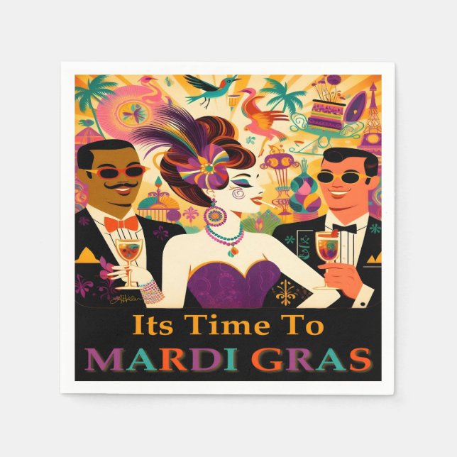 Mid Century Retro 60s Mardi Gras Cocktail Party Napkin (Front)