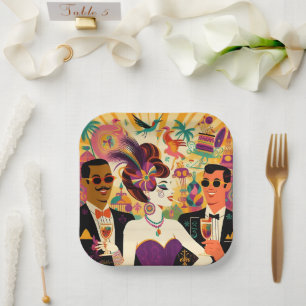 Mid Century Retro 60s Mardi Gras Cocktail Party Paper Plate