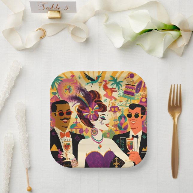 Mid Century Retro 60s Mardi Gras Cocktail Party Paper Plate (Wedding)