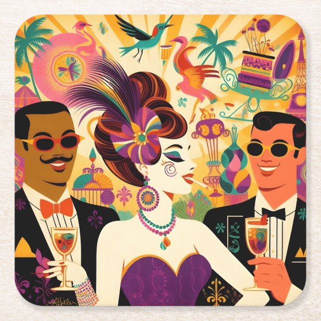 Mid Century Retro 60s Mardi Gras Cocktail Party Square Paper Coaster (Front)