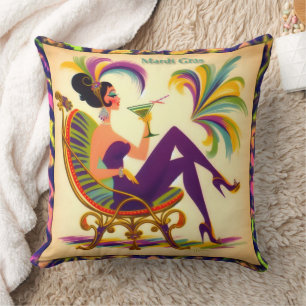 Mid Century Retro 60s Mardi Gras Martini Woman Cushion