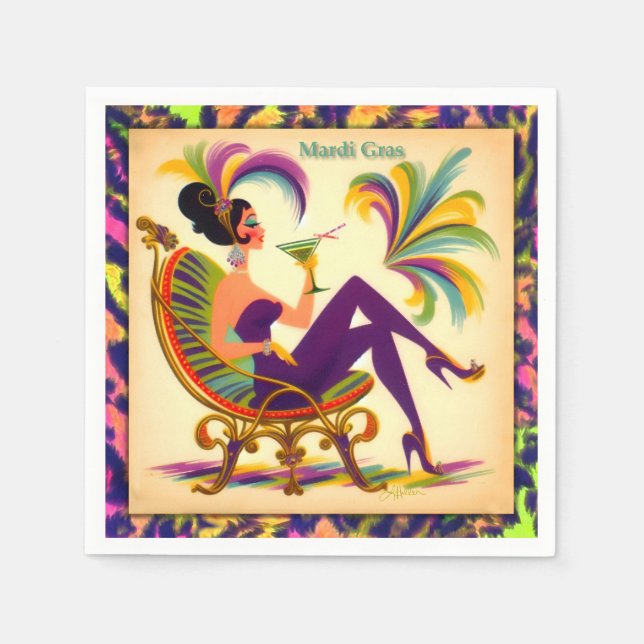 Mid Century Retro 60s Mardi Gras Martini Woman Napkin (Front)