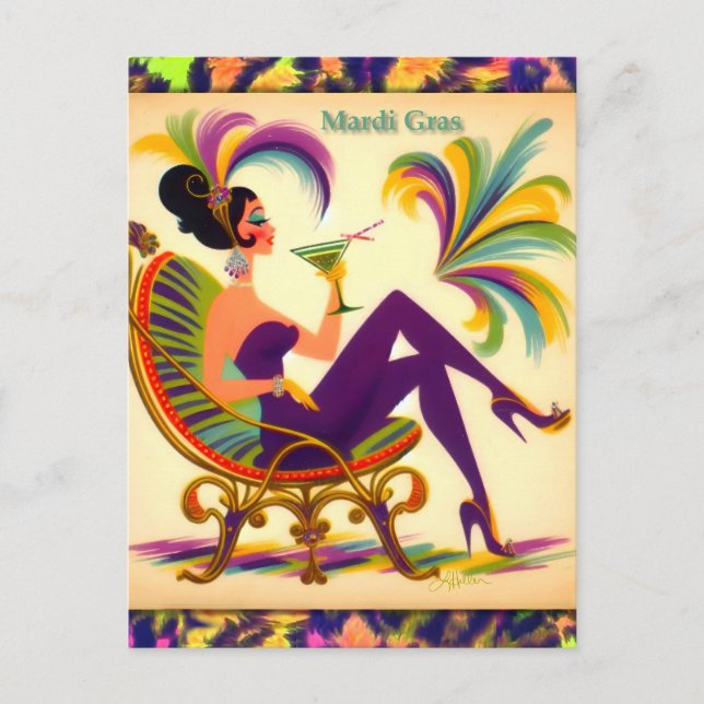 Mid Century Retro 60s Mardi Gras Martini Woman Postcard (Front)