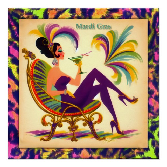 Mid Century Retro 60s Mardi Gras Martini Woman Poster (Front)