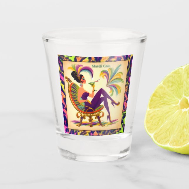 Mid Century Retro 60s Mardi Gras Martini Woman Shot Glass (Front)