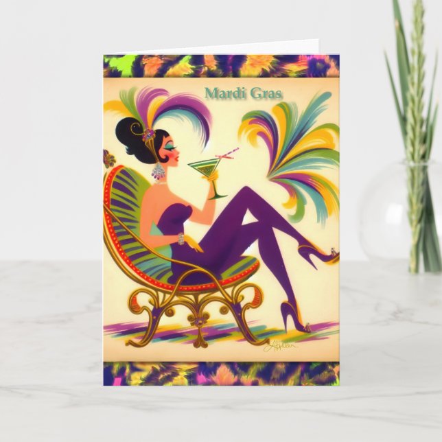 Mid Century Retro 60s Mardi Gras Martini Woman Thank You Card (Front)