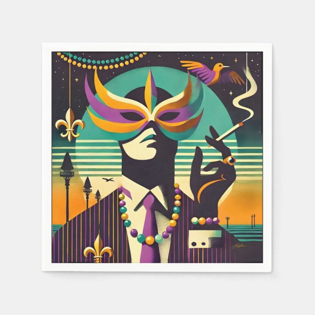 Mid Century Retro 60s Mardi Gras The Smoking Man Napkin (Front)