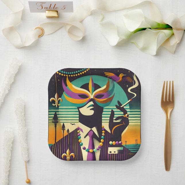 Mid Century Retro 60s Mardi Gras The Smoking Man Paper Plate (Wedding)