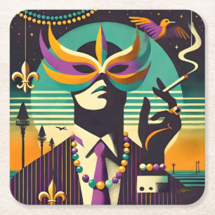 Mid Century Retro 60s Mardi Gras The Smoking Man Square Paper Coaster