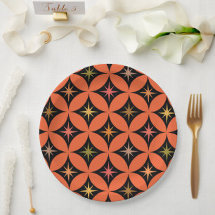Mid Century Retro Atomic Stars on Orange Circles Paper Plate