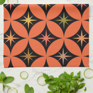 Mid Century Retro Atomic Stars on Orange Circles Tea Towel