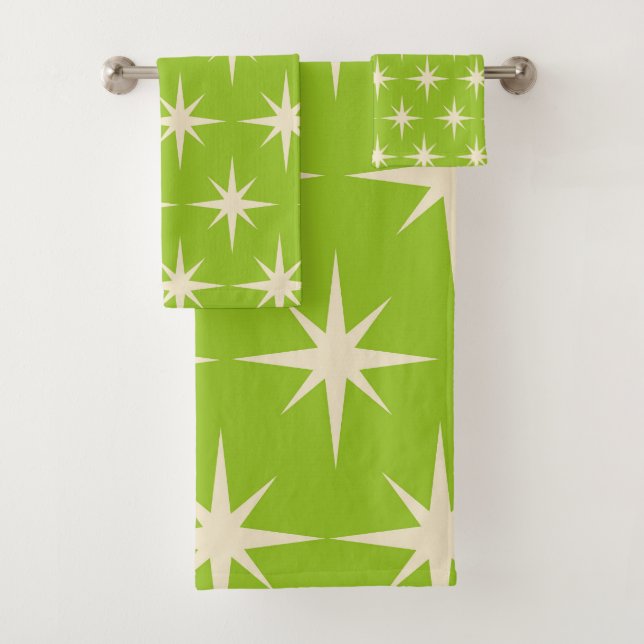 Mid Century Retro Atomic Stars Pattern on green  Bath Towel Set (Insitu)