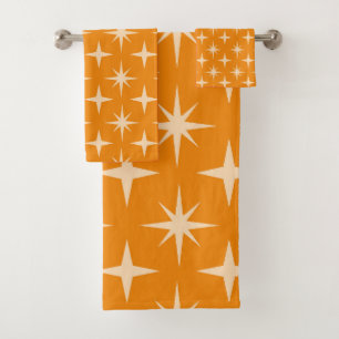 Mid Century Retro Atomic Stars Pattern on Orange   Bath Towel Set