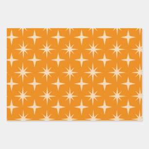 Mid Century Retro Atomic Stars Pattern on Orange Wrapping Paper Sheet