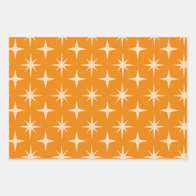 Mid Century Retro Atomic Stars Pattern on Orange Wrapping Paper Sheet (Front)