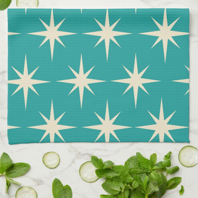 Mid Century Retro Atomic Stars Pattern on Teal  Tea Towel (Folded)