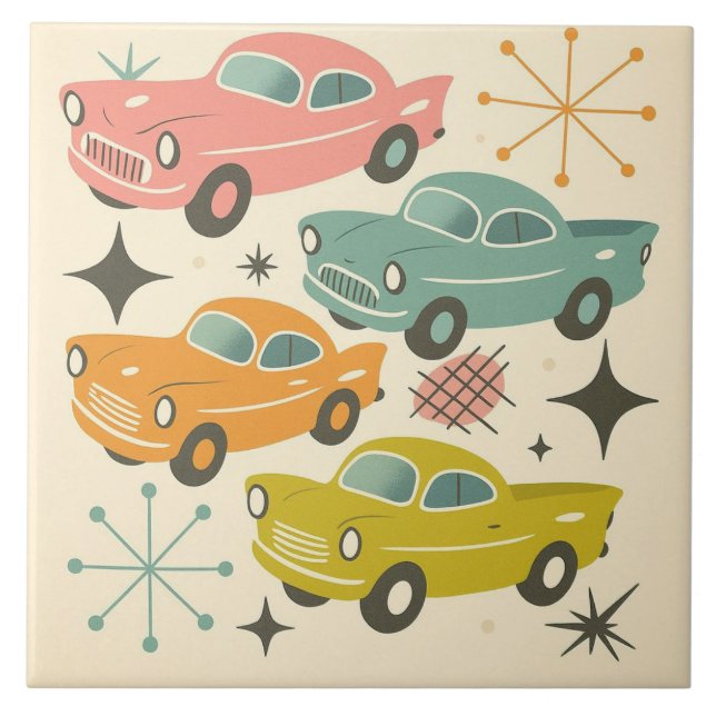 Mid-Century Retro Cars Atomic Starburst  Tile (Front)