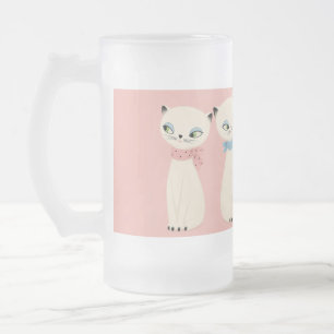 Mid Century Retro Cats Pair Frosted Glass Beer Mug