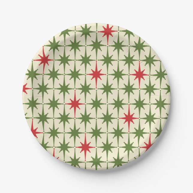 Mid-century Retro Christmas Starbursts Pattern Paper Plate (Front)