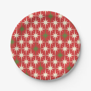 Mid-century Retro Christmas Starbursts Pattern Red Paper Plate