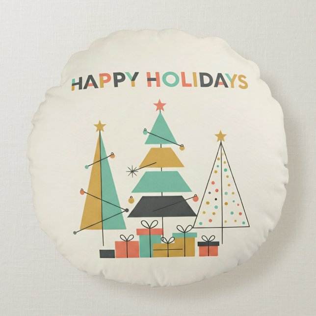 Mid-Century Retro Christmas Trees Round Cushion (Front)