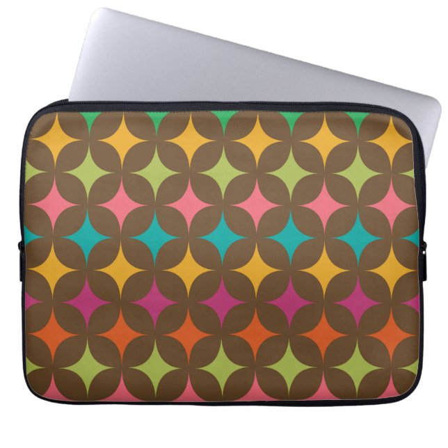 Mid Century Retro Colourful Starbursts on brown  Laptop Sleeve (Front)