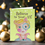 Mid Century Retro Elf Whimsical Christmas Poem Holiday Card<br><div class="desc">This cute Christmas design was created using my hand painted mixed media elf with quirky details and a green background with snowflakes for a unique and whimsical vibe. The soft retro colour palette of pinks, greens, and blues is perfect for the modern Holiday season and the funny "Believe in Your...</div>