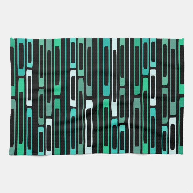 Mid Century Retro Flat Rocks Black Turquoise Tea Towel (Horizontal)