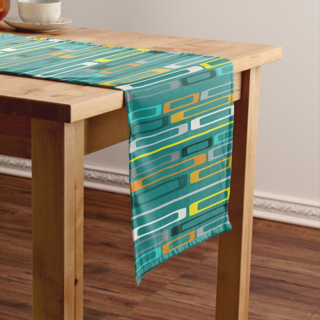 Mid Century Retro Flat Rocks Turquoise Short Table Runner (In Situ)