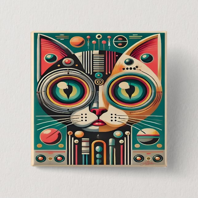Mid Century Retro Futuristic Circuit Cat 15 Cm Square Badge (Front)