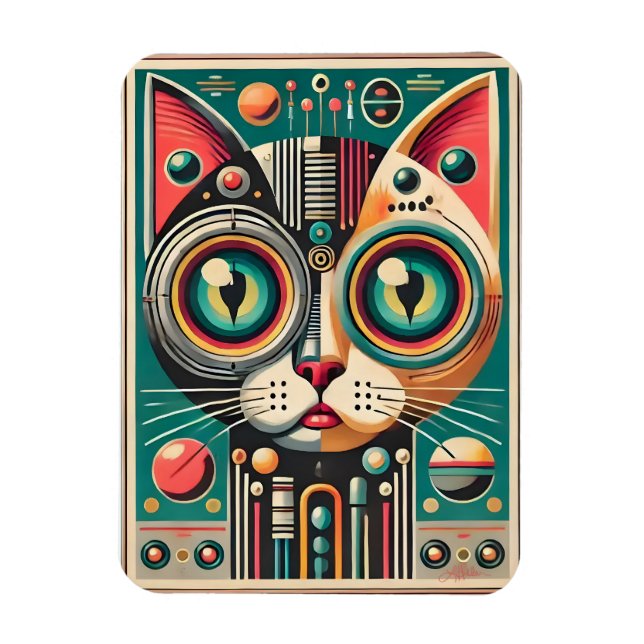 Mid Century Retro Futuristic Circuit Cat Magnet (Vertical)