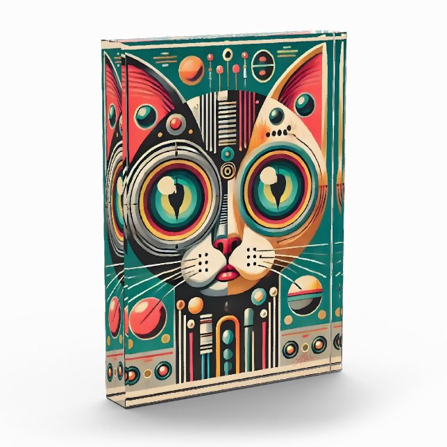 Mid Century Retro Futuristic Circuit Cat Photo Block (Left)