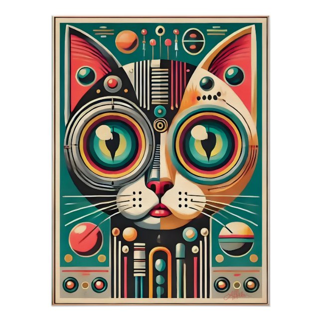 Mid Century Retro Futuristic Circuit Cat Poster (Front)