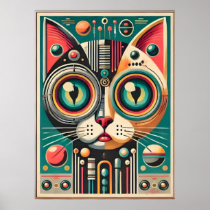 Mid Century Retro Futuristic Circuit Cat Poster
