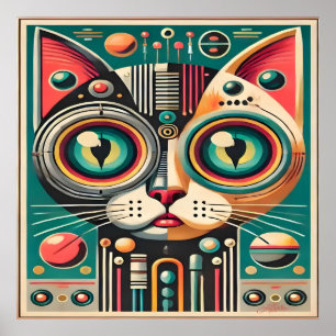 Mid Century Retro Futuristic Circuit Cat Poster