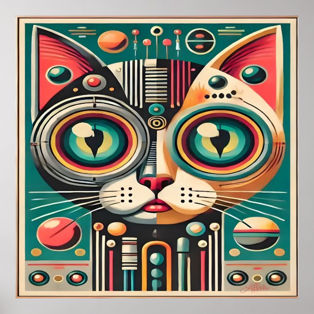 Mid Century Retro Futuristic Circuit Cat Poster (Front)