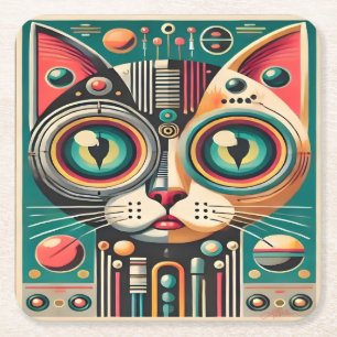 Mid Century Retro Futuristic Circuit Cat Square Paper Coaster