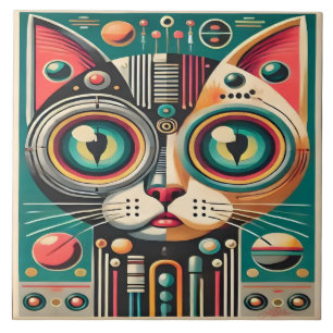 Mid Century Retro Futuristic Circuit Cat Tile
