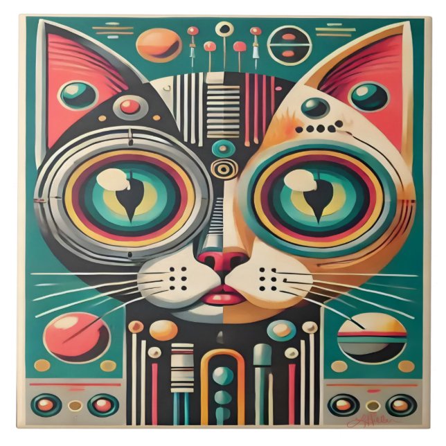 Mid Century Retro Futuristic Circuit Cat Tile (Front)