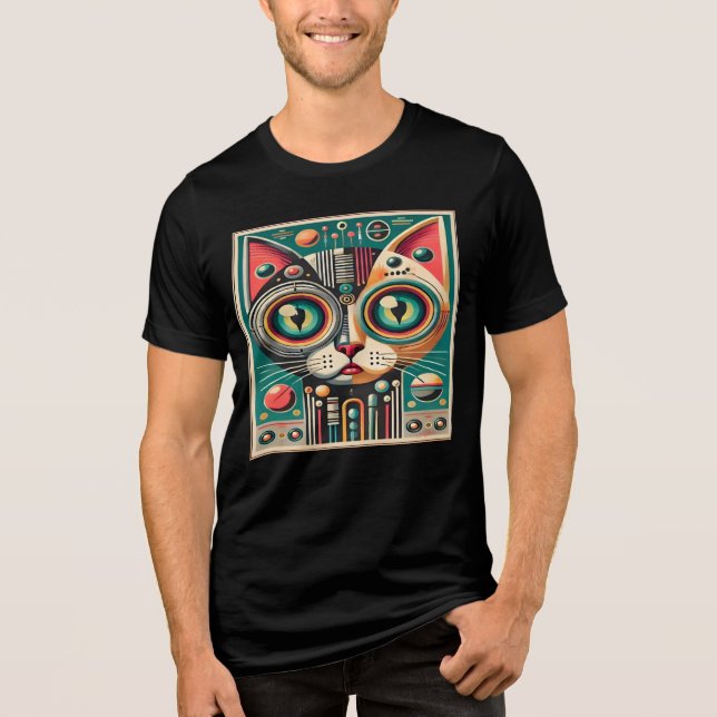 Mid Century Retro Futuristic Circuit Cat Tri-Blend Shirt (Front)